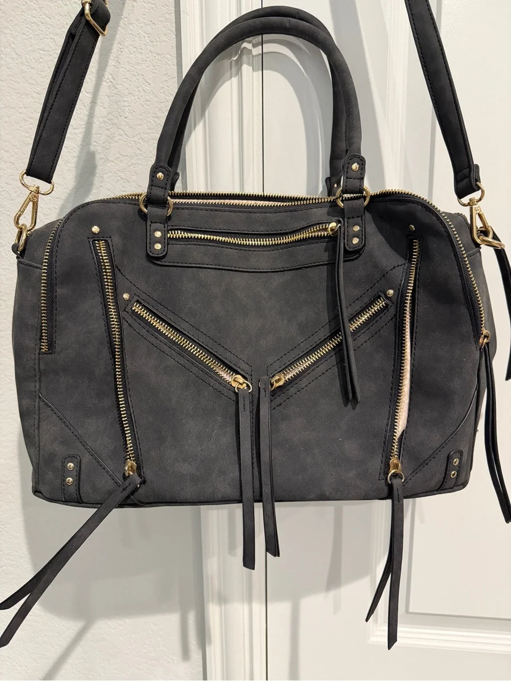 VR NYC Moto Zip Charcoal Gray Satchel Crossbody NWT
